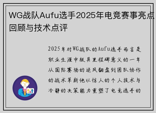 WG战队Aufu选手2025年电竞赛事亮点回顾与技术点评