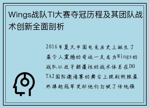 Wings战队TI大赛夺冠历程及其团队战术创新全面剖析